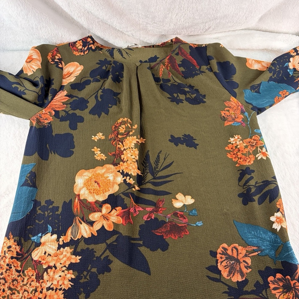 Umgee Boho Floral Shift Dress Olive Green Orange Navy Blue Peasant Sm Tunic EUC